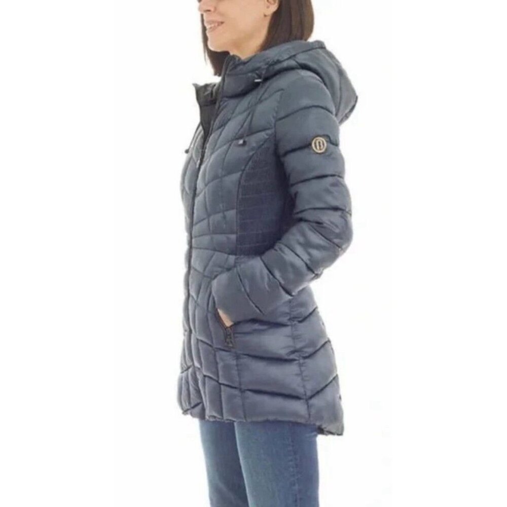 BERNARDO Ladies' Blue Hooded EcoPlume Packable Quilted Puffer Winter Coat Size M